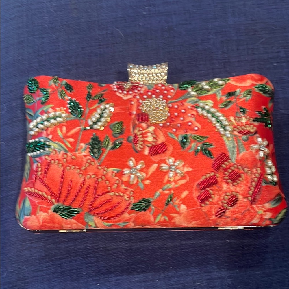 Embroidered Red Satin Floral Clutch